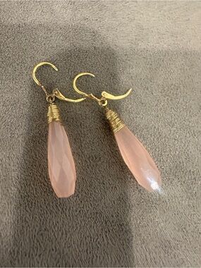 Gold Wire-Wrapped Pink Teardrop Dangle Earrings